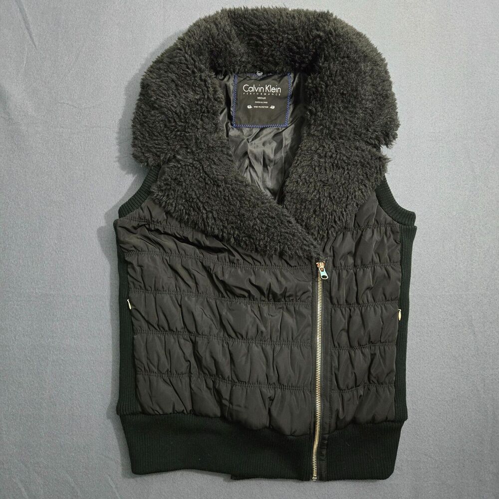 Calvin Klein Performance Puffer Vest Women M Black Full Zip Removable Collar